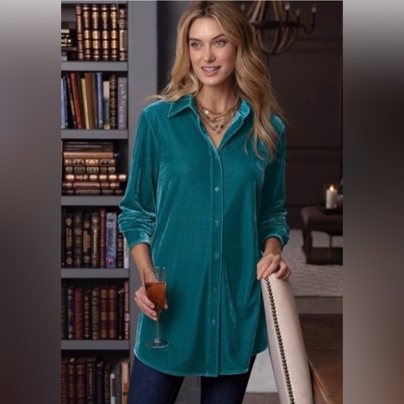 Soft Surroundings Velvet Boyfriend Tunic Shirt - Teal - Medium - Picture 2 of 13